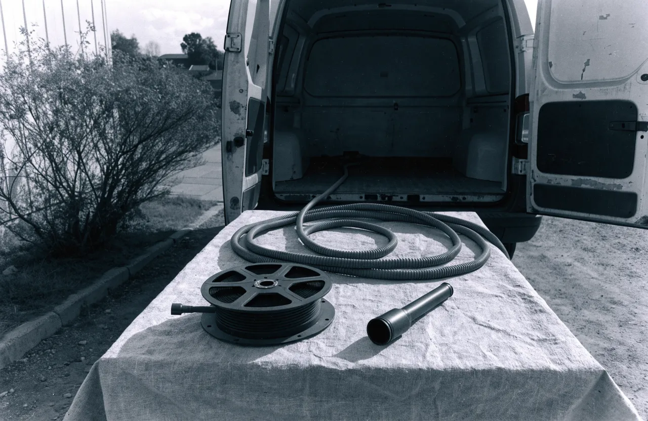 Drain camera reel, torch and coiled cable laid on a canvas-covered workbench beside the open rear doors of a van