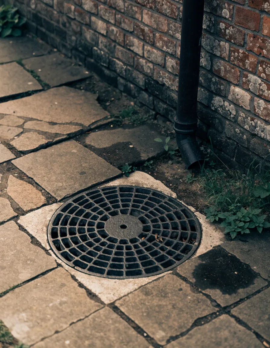 Cast iron gully grating in a small paved back garden against weathered red brick with a downpipe meeting the ground