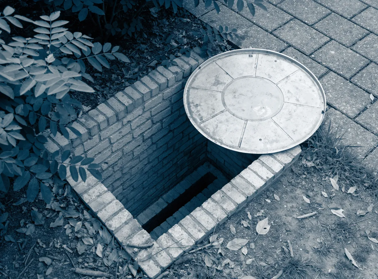 Open brick-lined inspection chamber in a garden with a clean channel at the bottom and the lid set aside on paving