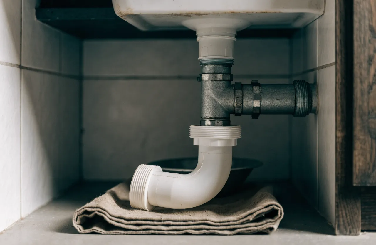 White plastic waste trap removed from under a sink and placed on a folded canvas cloth above a bowl