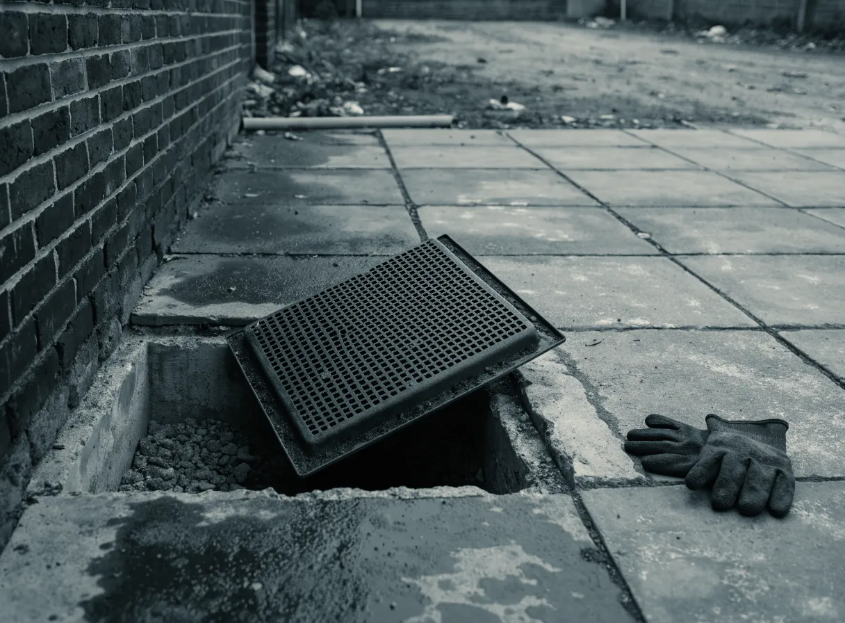 Square drain cover lifted from a paved yard beside a brick wall, with a shallow chamber below and rubber gloves on the slabs