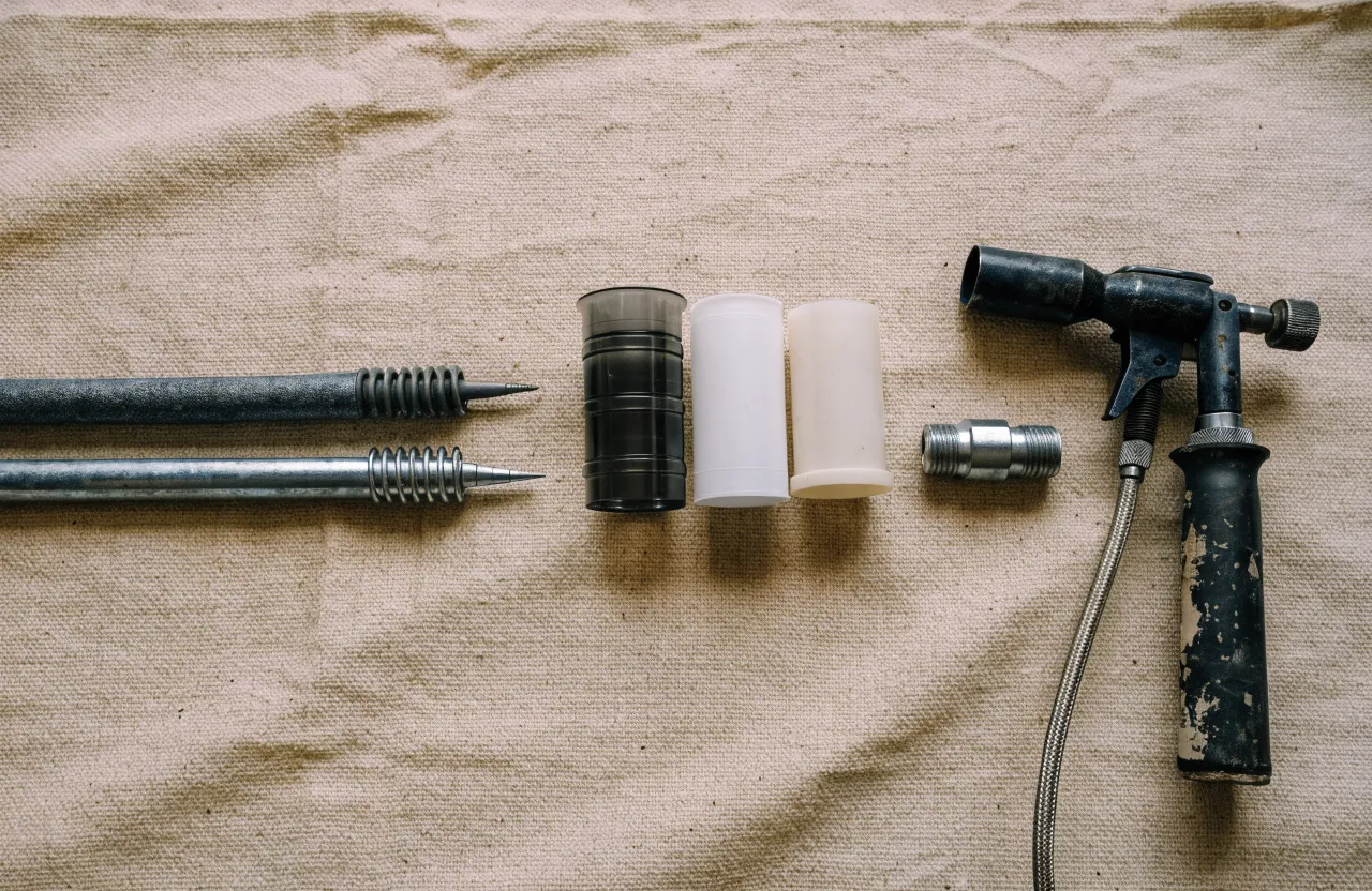 Drain rods, plastic pipe sections, a coupling and a torch laid out in order on unbleached canvas