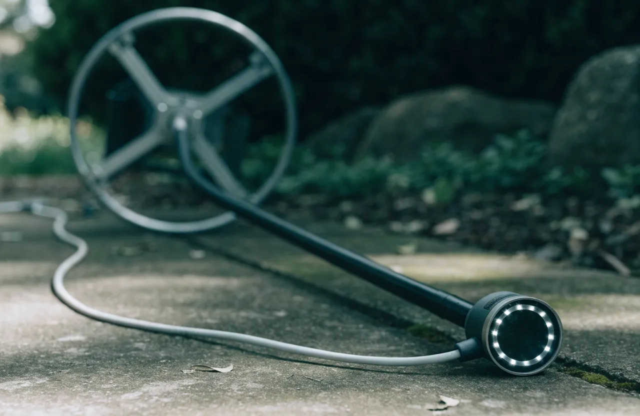 Drain inspection camera head with a ring of small lights on the end of a flexible rod, resting on a concrete garden slab