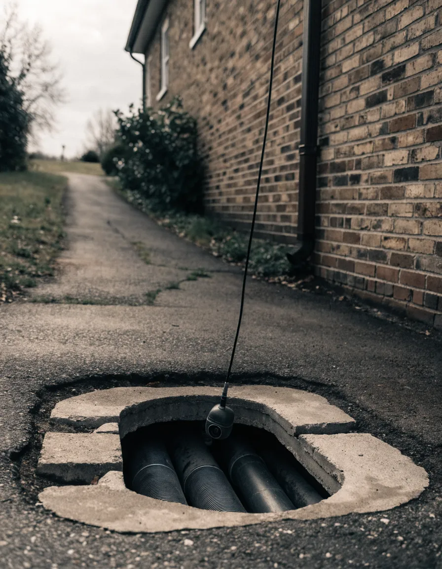 Open inspection chamber beside a brick house wall with a flexible camera cable lowered into the pipe channel